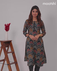 Rayon kurti set multi colour and black with allover bandhani prints & simple neck pattern and straight cut pant