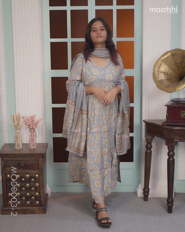 Muslin readymade alia cut salwar sutis pastel grey shade with allover floral prints & mirror work neck pattern and straight cut pant & printed dupatta