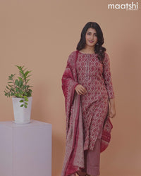 Rayon cotton salwar suit grey and maroon with allover prints & simple neck pattern and straight cut pant & dupatta