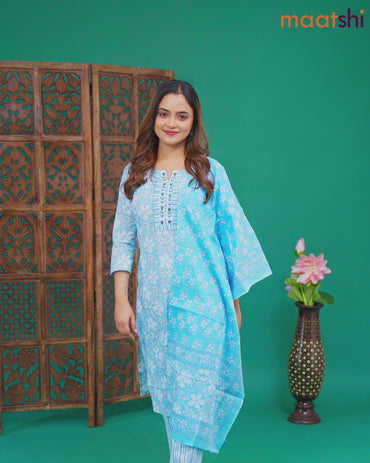 Cotton readymade salwar suit light blue and off white with allover floral prints & embroidery patch work neck pattern and straight cut pant & cotton dupatta