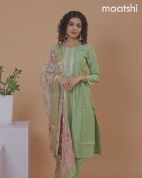 Cotton salwar suit pastel green with self emboss & embroidery mirror work neck pattern and straight cut pant & banarasi dupatta