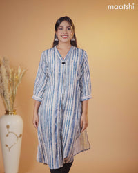 Rayon kurti blue and off white with allover prints & simple neck v pattern without pant