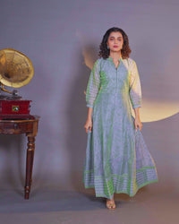 Chanderi readymade floor length kurti dual shade of greyish green with allover prints & embroidery work neck pattern without pant