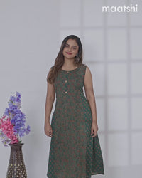 Cotton anarkali kurti green with allover floral prints & simple patch work neck pattern without pant - sleeve attached