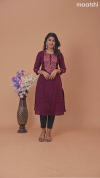 Chanderi readymade kurti wine shade with embroidery sequin work neck pattern without pant