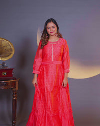 Chanderi readymade floor length kurti peach red with allover prints & embroidery work neck pattern without pant