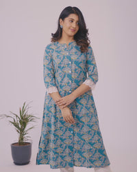 Cotton readymade kurti set teal blue shade and off white with allover floral prints & simple neck pattern and straight cut pant