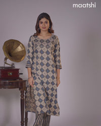 Cotton kurti beige and black shade with allover prints & embroidery miirror work neck pattern and straight cut pant