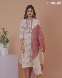 Rayon salwar suit cream and brown with allover prints & gotapatti lace work neck pattern and bottom & chiffon embroidery work dupatta