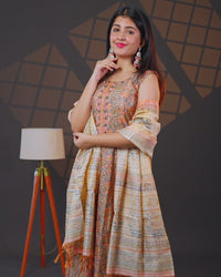 Chanderi readymade anarkali salwar suit pastel peach with allover kalamkari prints & zardosi beaded work neck pattern and straight cut pant & dupatta sleeve attached