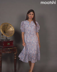 Chiffon readymade dress blue and off white with allover prints & simple collar neck design without pant