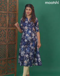 Rayon readymade anarkali kurti dark blue with floral digital prints & simple neck pattern without bottom