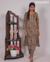 Cotton readymade kurti set grey and pastel purple with allover floral prints & embroidery mirror work neck pattern and straight cut pant