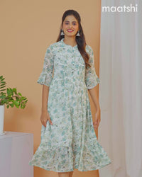 Chiffon dress off white and teal blue with allover floral prints & simple neck pattern without pant