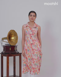 Rayon A-line kurti cream and pink with allover prints & thread weaves collar neck without pant & sleeve attached