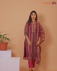 Raw silk readymade salwar suit multi colour and maroon with allover prints & embroidery mirror work neck pattern and straight cut pant & dupatta