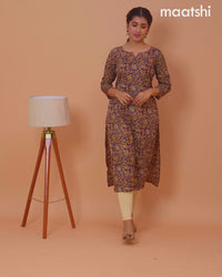 Cotton readymade kurti deep maroon and beige with kalamkari prints & kantha stitch sequin work neck pattern without bottom