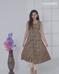 Cotton anarkali kurti green with allover ajrakh prints without pant - sleeve attached