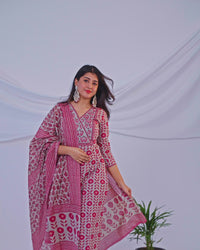 Cotton readymade salwar suit pastel grey and pink with allover prints & floral embroidery mirror work neck pattern and straight cut pant & cotton dupatta