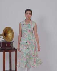 Rayon A-line kurti cream and pink shade with allover prints & thread weaves collar neck without pant & sleeve attached