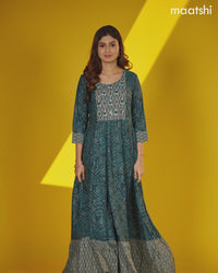 Rayon floor length dress peacock blue with allover prints & mirror work neck pattern and without pant