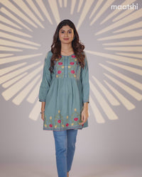 Cotton umbrella short kurti pastel shade with plain body & embroidery work neck pattern without bottom