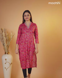 Rayon kurti pink and multi colour with allover prints & embroidery mirror work neck v pattern without pant