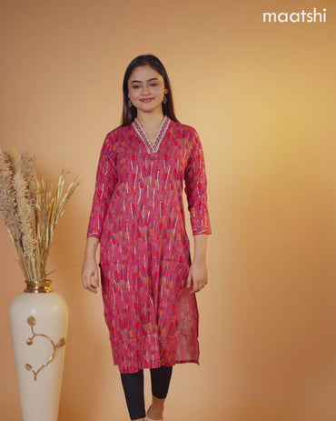 Rayon kurti pink and multi colour with allover prints & embroidery mirror work neck v pattern without pant