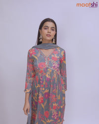 Muslin readymade alia cut salwar suit grey with allover floral prints & embroidery sequin work neck pattern and straight cut pant & chiffon dupatta