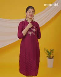 Pure raw silk readymade party wear kurti wine shade with embroidery & beaded work without pant