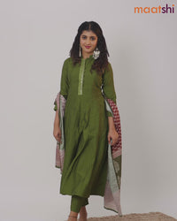 Raw silk readymade anarkali salwar suit mehendi green with embroidery sequin work neck pattern and straight cut pant & printed dupatta