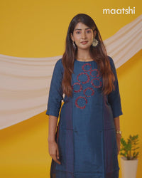 Pure raw silk readymade party wear kurti peacock blue with beaded & french knot work without pant