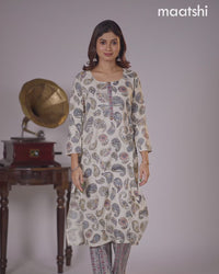 Rayon kurti cream and grey with allover paisley prints & simple neck pattern and straight cut pant