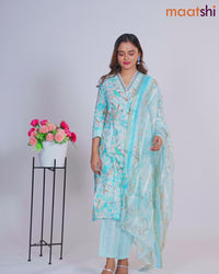 Cotton readymade salwar suit off white and light blue with allover prints & embroidery mirror work v neck pattern and straight cut pant & dupatta