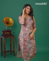 Tissue readymade kurti grey and beige with allover floral prints & beaded work neck pattern without bottom