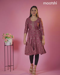 Muslin readymade short umbrella kurti pastel maroon with allover bandhani batik prints & gotapatti lace work pattern without pant