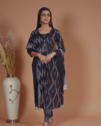 Cotton readymade salwar suit black and grey with allover ikat weaves & simple neck pattern and straight cut pant & dupatta