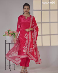 Crepe silk salwar suit pink with placement prints & beaded work neck pattern and straight cut pant & dupatta