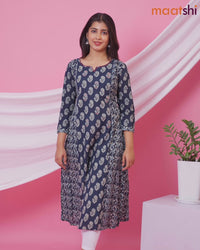 Cotton readymade A-line kurti navy blue with allover floral buttas & embroidery work neck pattern without bottom