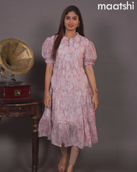 Chiffon readymade dress pink and off white with allover prints & simple collar neck design without pant