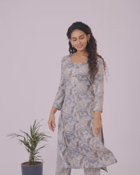 Rayon readymade kurti set grey with allover prints & simple neck pattern and straight cut pant