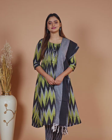 Cotton readymade salwar suit black lime green and grey with allover ikat weaves & simple neck pattern and straight cut pant & dupatta