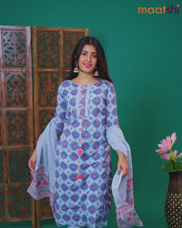 Cotton readymade salwar suit blue shade with allover prints & patch work neck pattern and straight cut pant & cotton dupatta