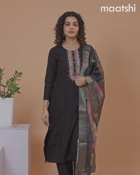 Cotton salwar suit black with self emboss & embroidery mirror work neck pattern and straight cut pant & banarasi dupatta