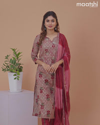 Rayon salwar suit chikku shade and maroon with floral butta prints & mirror embroidery work and straight cut pant & chiffon sequin work dupatta