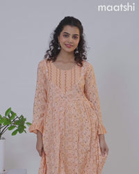 Modal floor length dress peach orange with allover patola prints & patch work neck pattern without pant