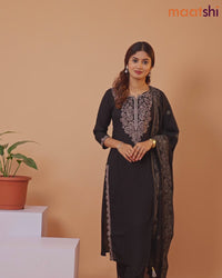 Cotton readymade salwar suit black and grey with plain body & embroidery work neck pattern and straight cut pant & dupatta