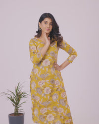 Cotton readymade kurti set lime yellow with allover floral prints & v neck pattern and straight cut pant