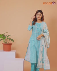 Rayon readymade salwar suit light blue and off white with allover prints & embroidery sequin lace work neck pattern and straight cut pant & dupatta