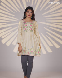 Cotton umbrella short kurti cream with plain body & embroidery work neck pattern without bottom